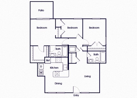 Floor plan for 3 beds, 2 baths, 1107 sqft